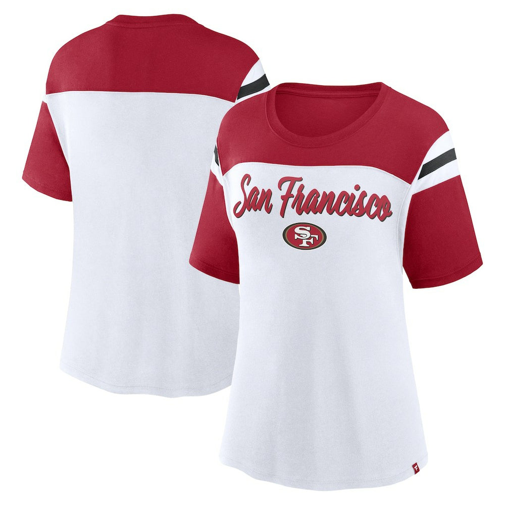 San Francisco 49ers Women's Cheer Chant Fashion Crop Top - White/Scarlet Tops