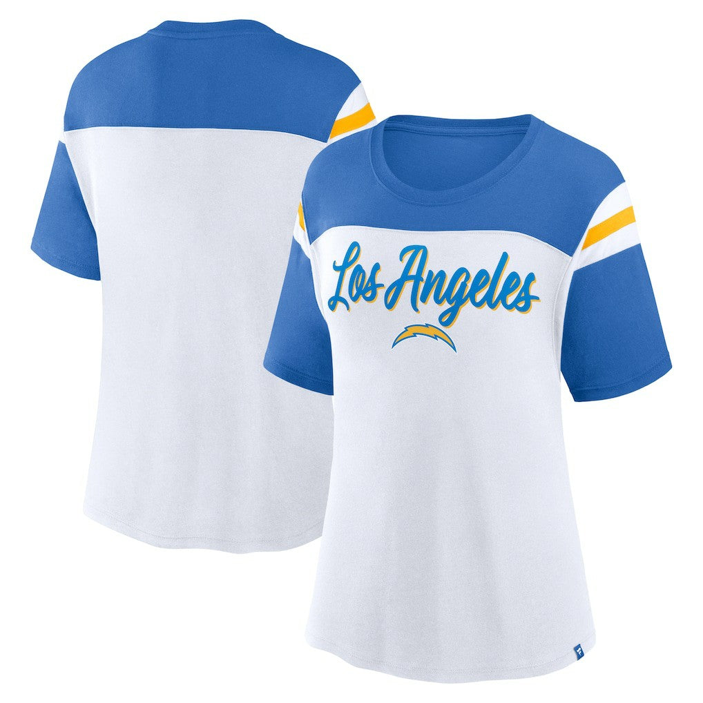 Los Angeles Chargers Women's Cheer Chant Fashion Crop Top - White/Powder Blue Tops