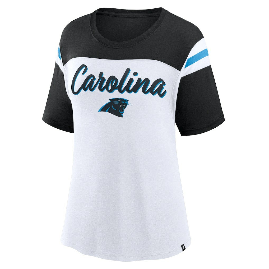 Carolina Panthers Women's Cheer Chant Fashion Crop Top - White/Black Tops