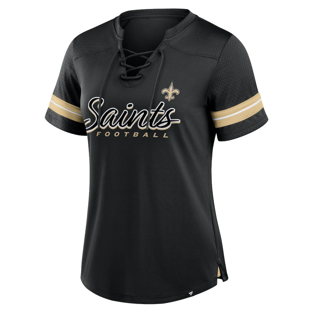 New Orleans Saints Women's Play Script Lace-Up T-Shirt - Black T-shirts