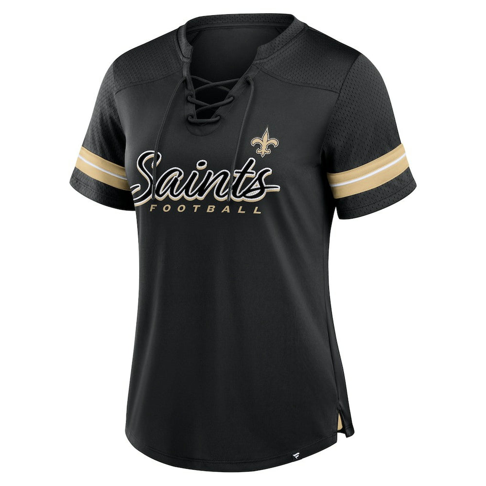 New Orleans Saints Women's Play Script Lace-Up T-Shirt - Black T-shirts