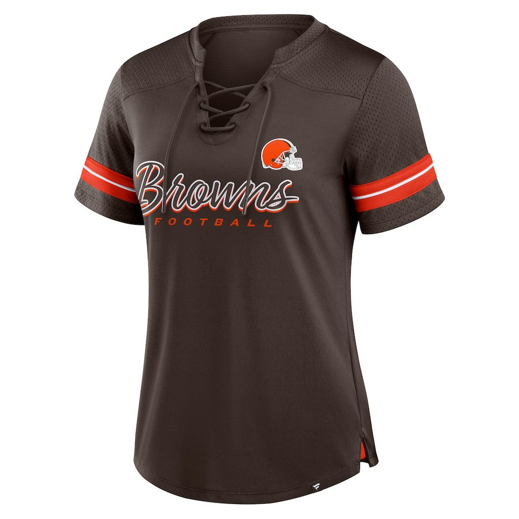Cleveland Browns Women's Play Script Lace-Up T-Shirt - Brown T-shirts