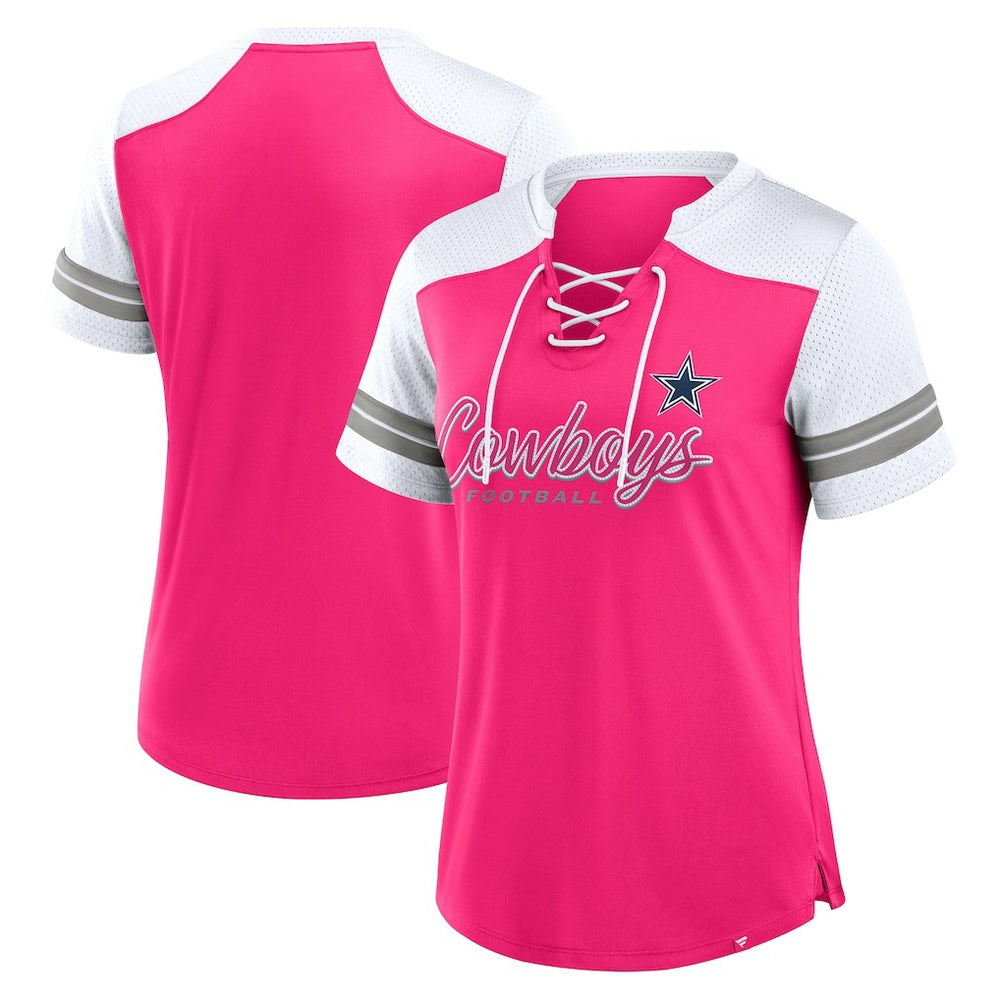 Dallas Cowboys Women's Play Script Lace-Up T-Shirt - Pink T-shirts