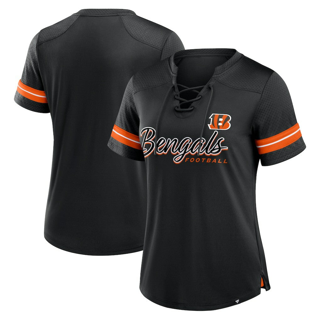 Cincinnati Bengals Women's Play Script Lace-Up T-Shirt - Black T-shirts