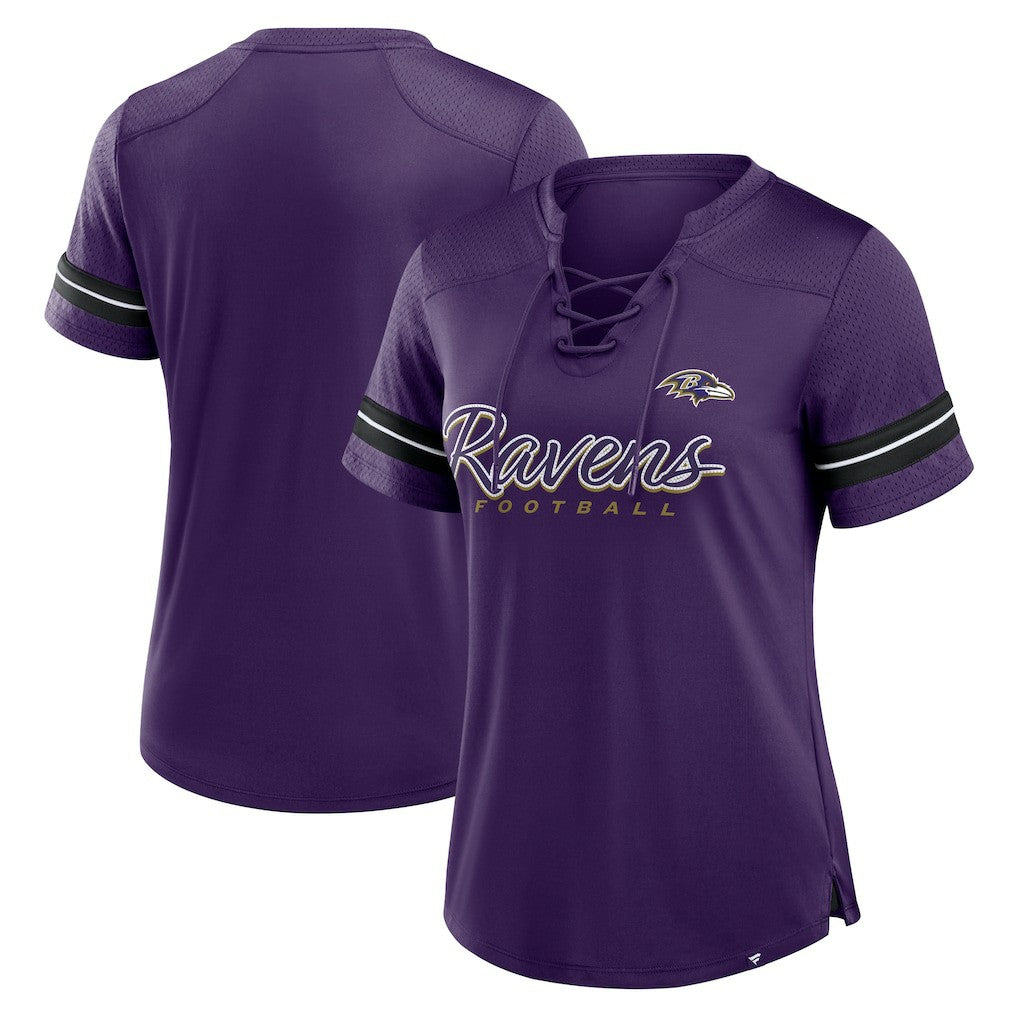 Baltimore Ravens Women's Play Script Lace-Up T-Shirt - Purple T-shirts