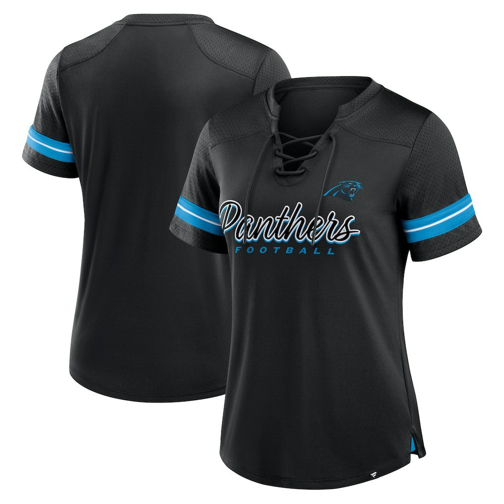 Carolina Panthers Women's Play Script Lace-Up T-Shirt - Black T-shirts