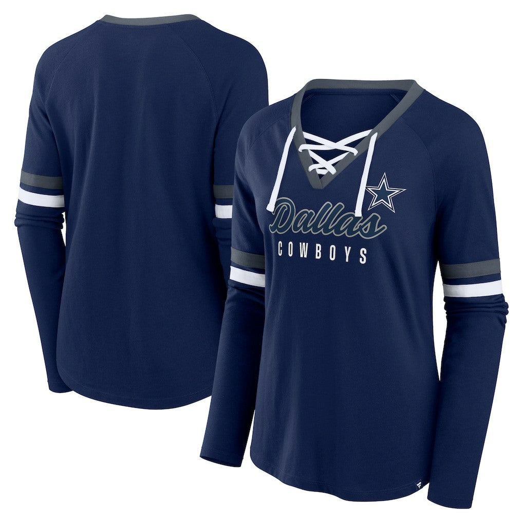 Dallas Cowboys Women's Won and Done Lace-Up Long Sleeve Fashion Top - Navy Tops