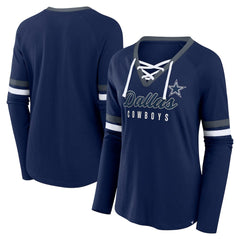 Dallas Cowboys Women's Won and Done Lace-Up Long Sleeve Fashion Top - Navy Tops