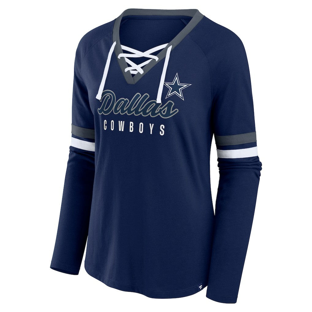 Dallas Cowboys Women's Won and Done Lace-Up Long Sleeve Fashion Top - Navy Tops