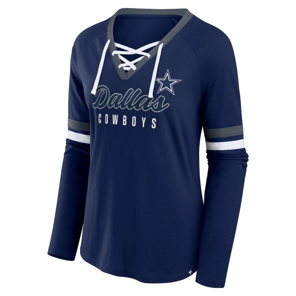 Dallas Cowboys Women's Won and Done Lace-Up Long Sleeve Fashion Top - Navy Tops