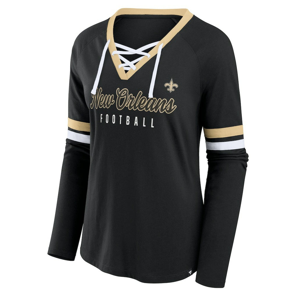 New Orleans Saints Women's Won and Done Lace-Up Long Sleeve Fashion Top - Black Tops