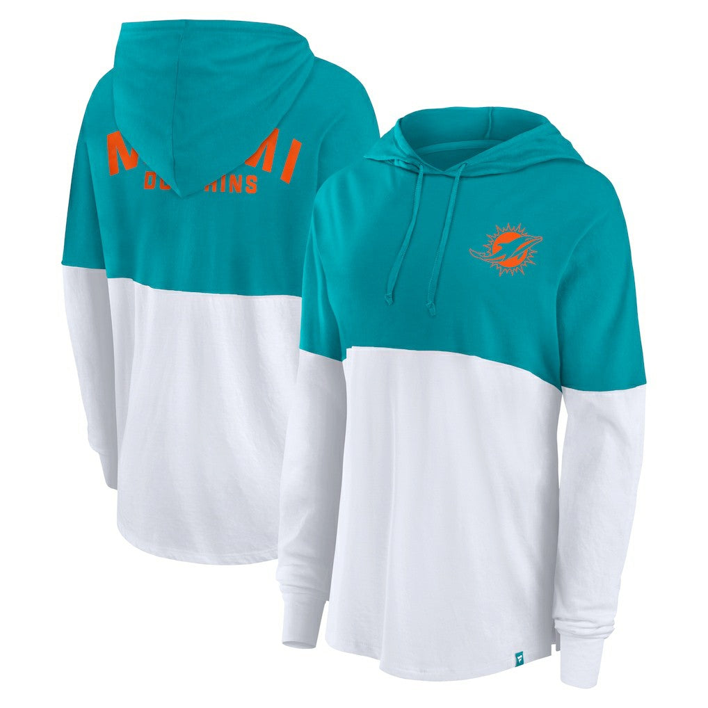 Miami Dolphins Women's Backup Option Long Sleeve Hoodie T-Shirt - Aqua/White Hoodies
