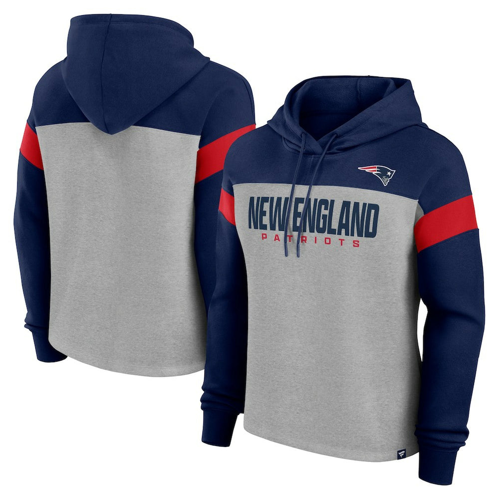 New England Patriots Women's Bold Play Call Pullover Hoodie - Heather Gray/Navy Hoodies