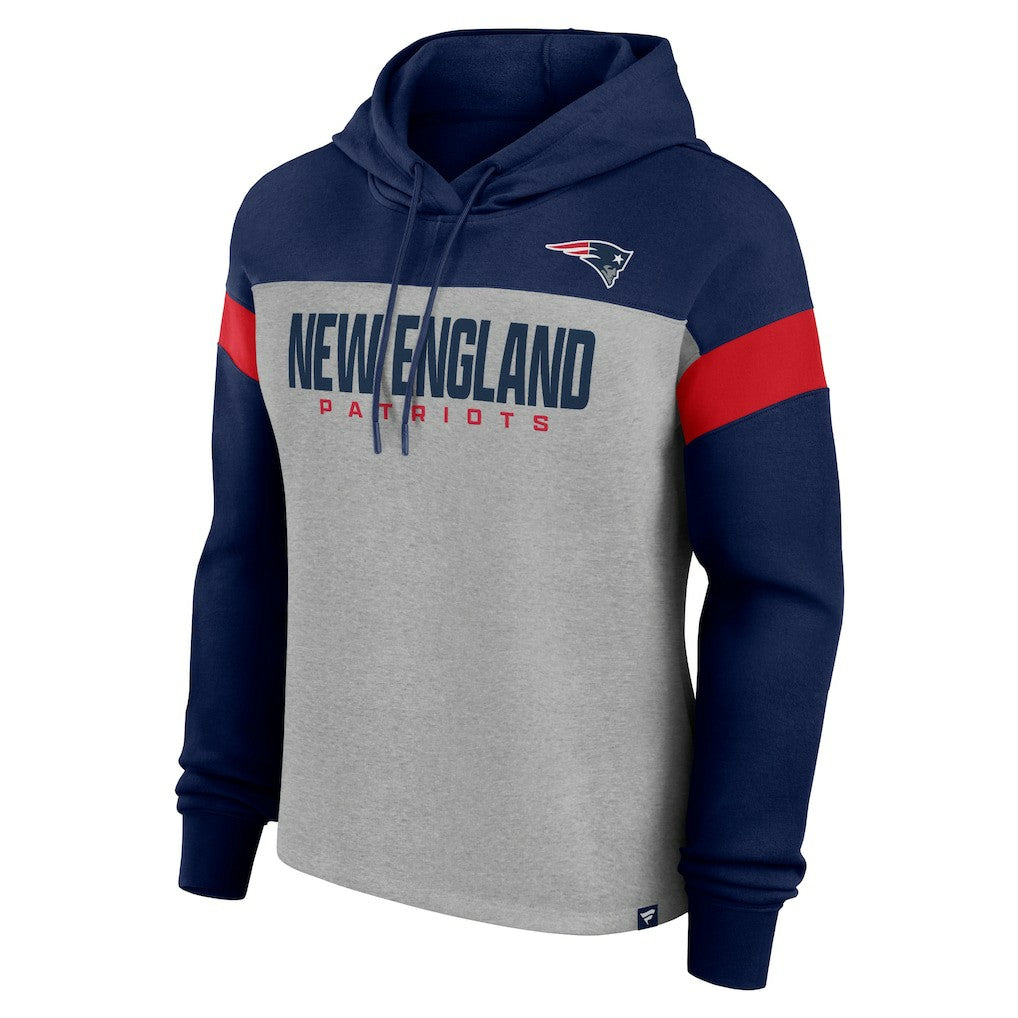 New England Patriots Women's Bold Play Call Pullover Hoodie - Heather Gray/Navy Hoodies