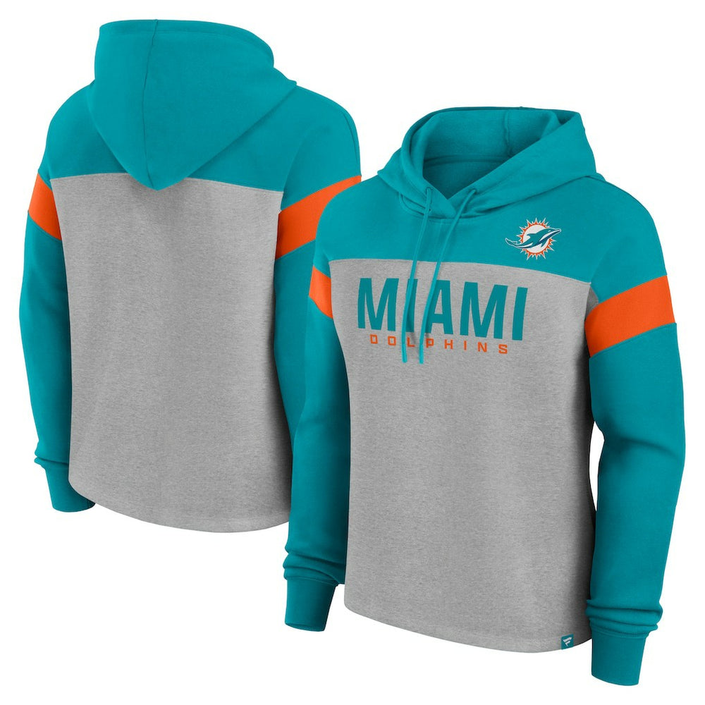 Miami Dolphins Women's Bold Play Call Pullover Hoodie - Heather Gray/Aqua Hoodies