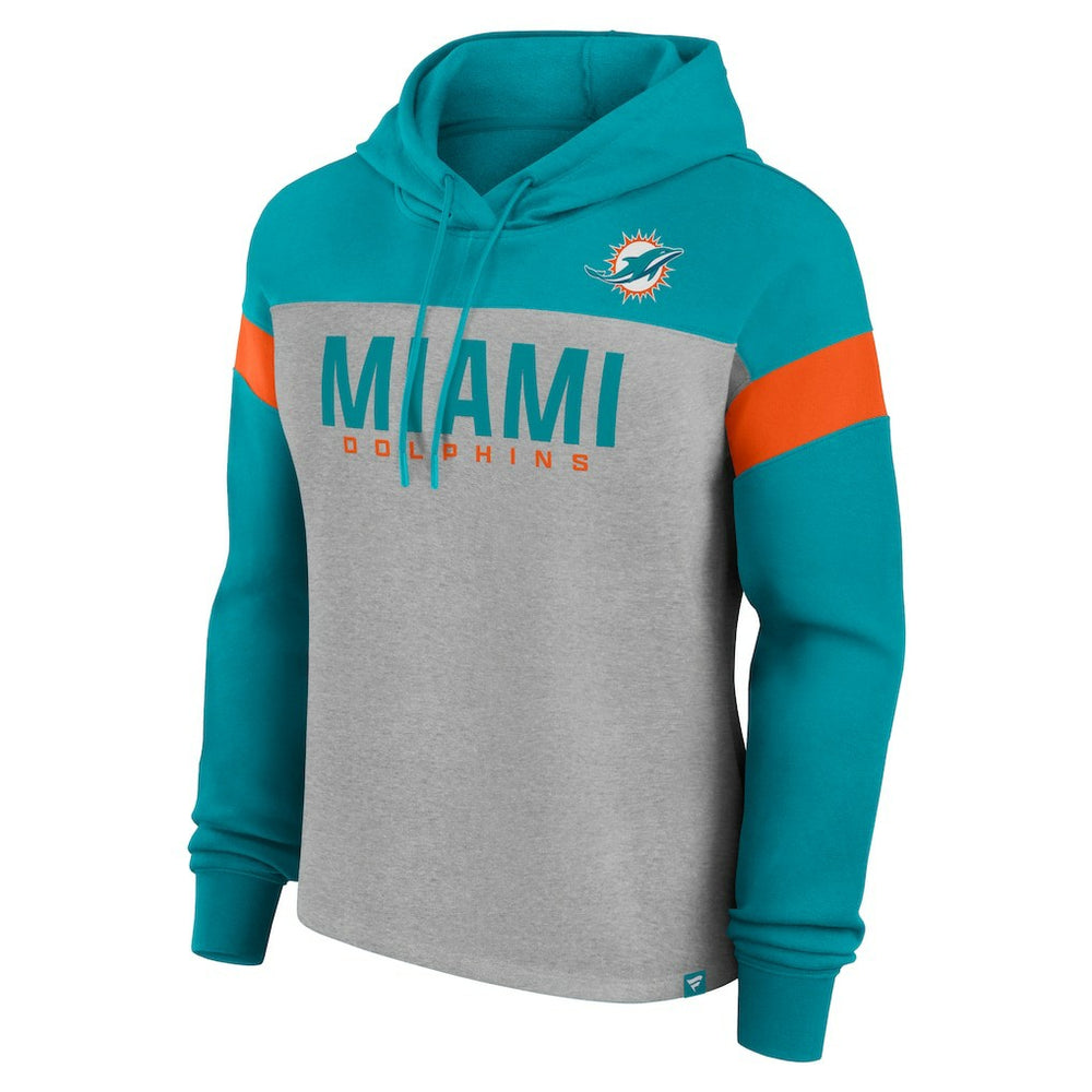 Miami Dolphins Women's Bold Play Call Pullover Hoodie - Heather Gray/Aqua Hoodies