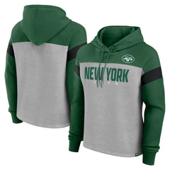 New York Jets Women's Bold Play Call Pullover Hoodie - Heather Gray/Green Hoodies