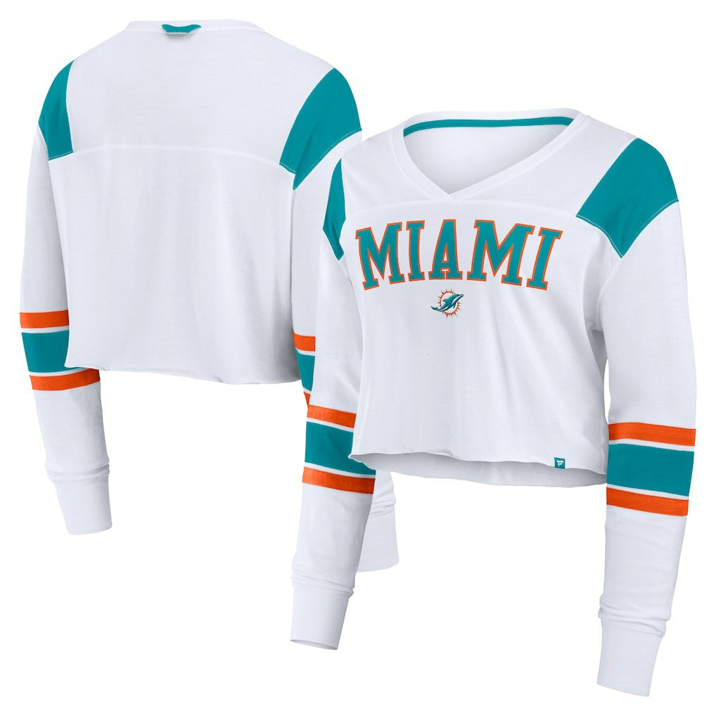 Miami Dolphins Women's Stretch Cropped Fashion Long Sleeve T-Shirt - White T-shirts