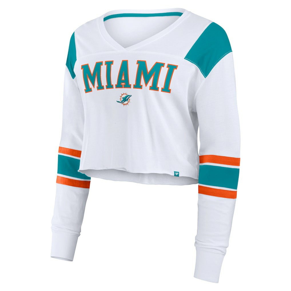 Miami Dolphins Women's Stretch Cropped Fashion Long Sleeve T-Shirt - White T-shirts