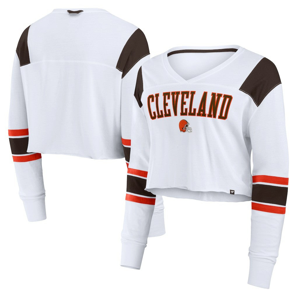 Cleveland Browns Women's Stretch Cropped Fashion Long Sleeve T-Shirt - White T-shirts