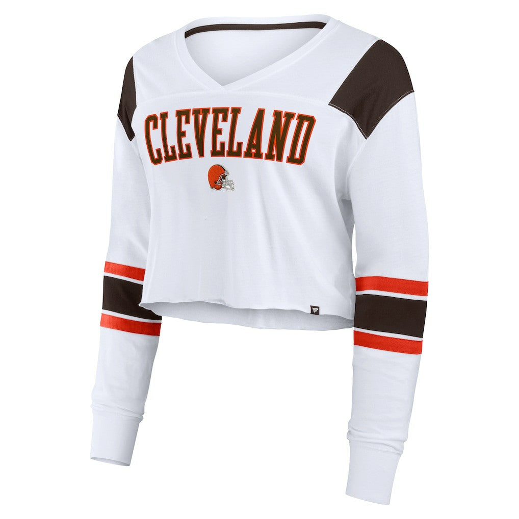 Cleveland Browns Women's Stretch Cropped Fashion Long Sleeve T-Shirt - White T-shirts