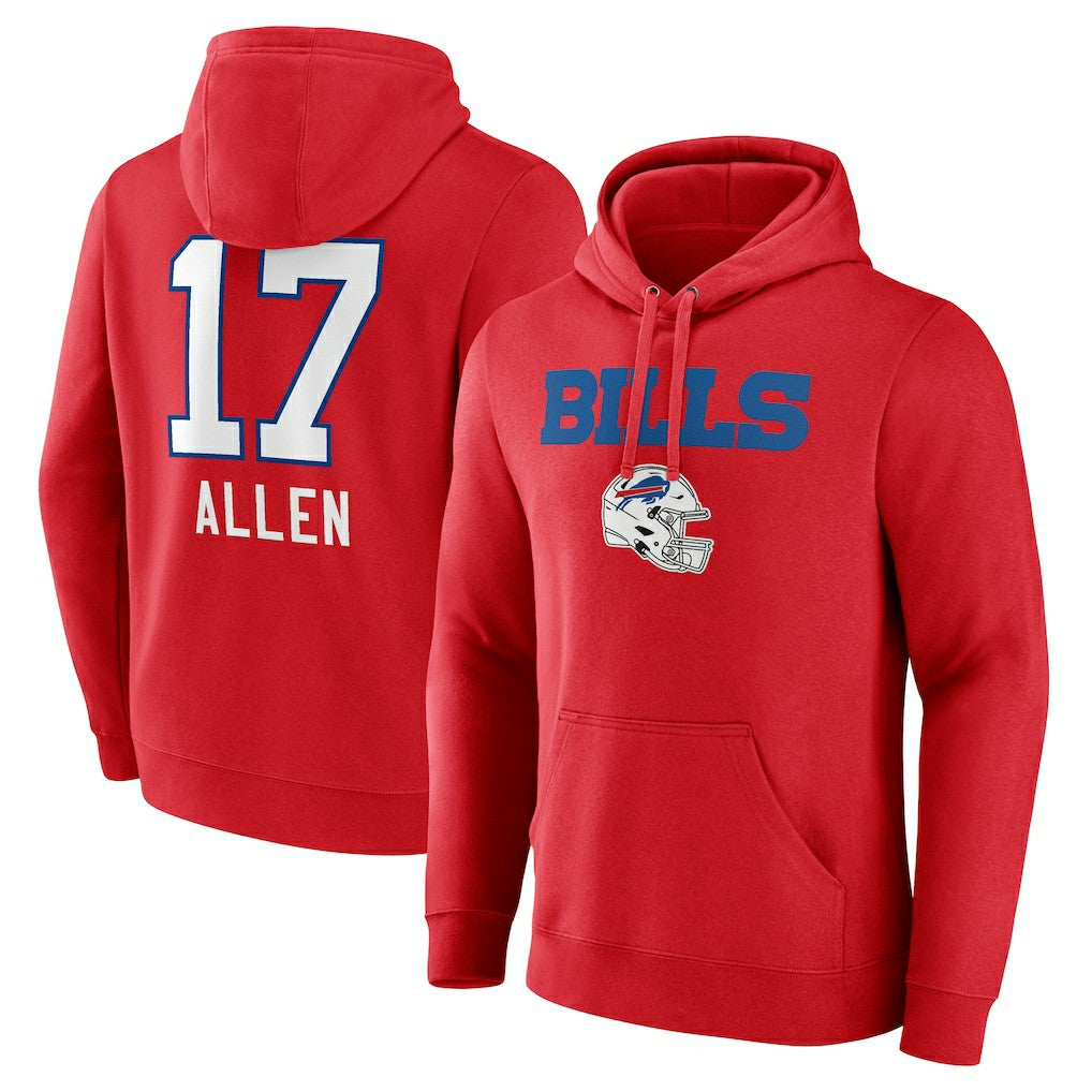 Josh Allen Buffalo Bills Team Wordmark Player Name & Number Pullover Hoodie - Red Hoodies