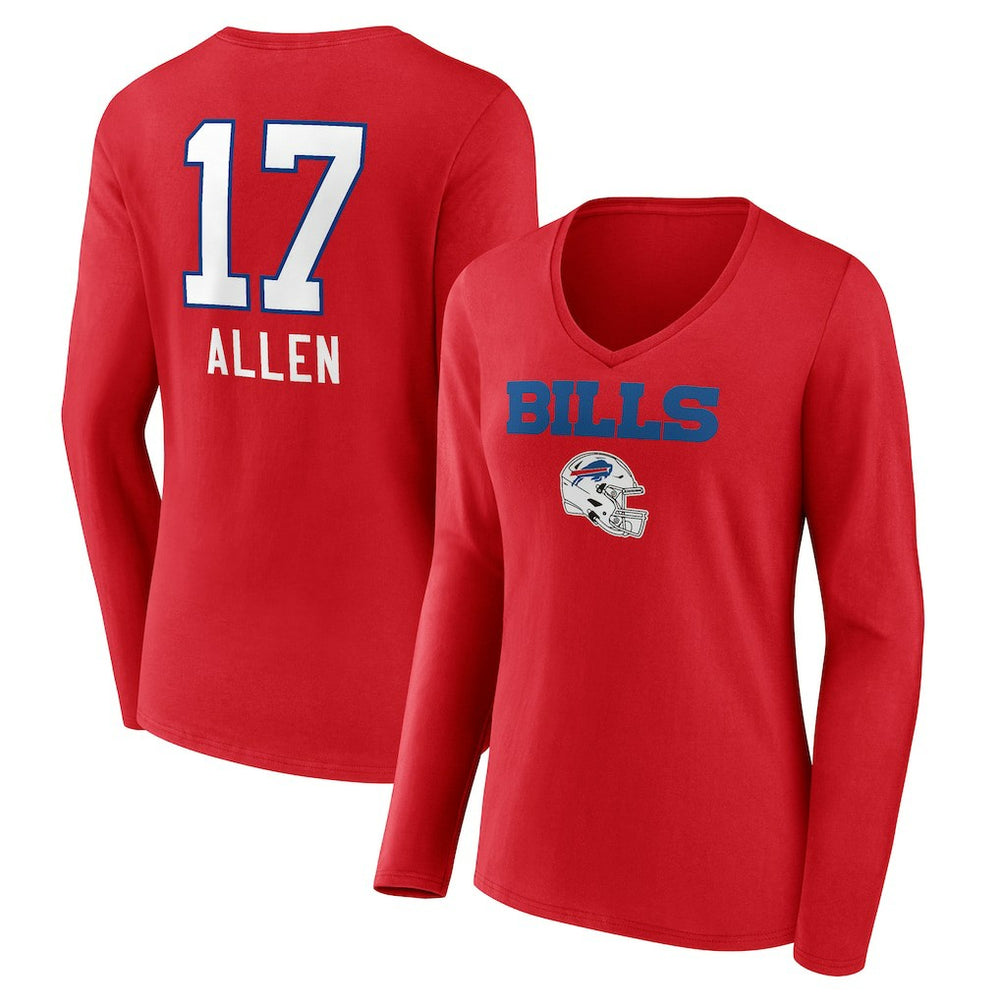 Josh Allen Buffalo Bills Women's Team Wordmark Player Name & Number Long Sleeve V-Neck T-Shirt - Red T-shirts