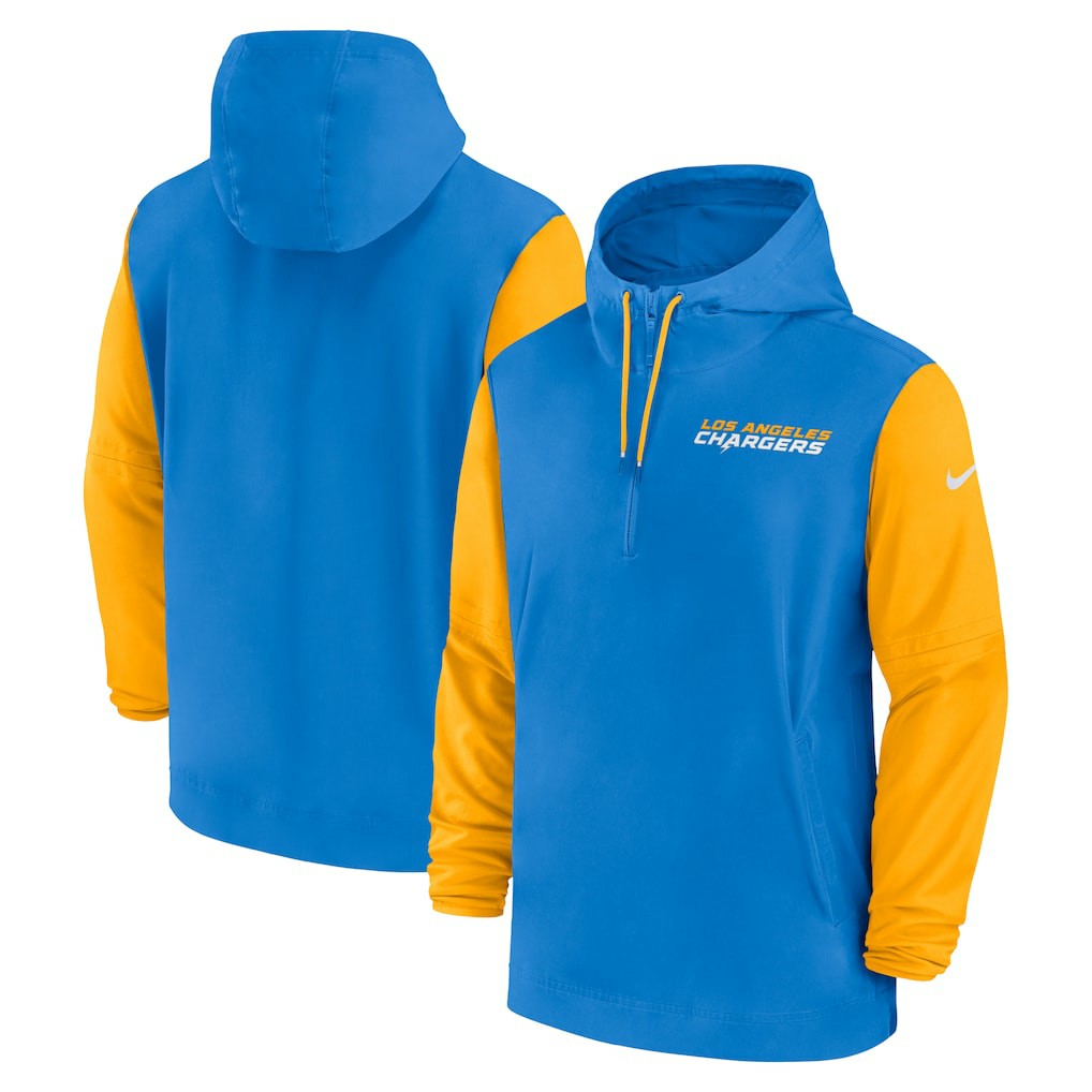 Los Angeles Chargers 2024/25 Sideline Pre-Game Player 1/2-Zip Hoodie Jacket - Powder Blue/Gold Hoodies