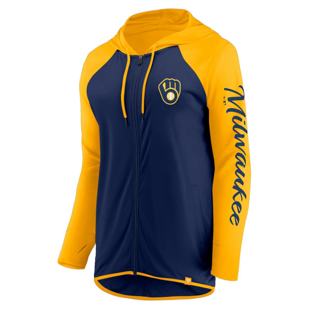 Milwaukee Brewers Fanatics Women's Script Sleeve Full-Zip Hoodie - Navy/Gold Hoodies