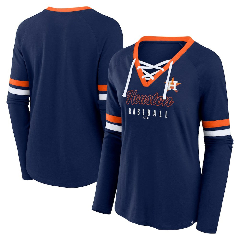 Houston Astros Fanatics Women's Won & Done Raglan Lace-Up Long Sleeve T-Shirt - Navy T-shirts