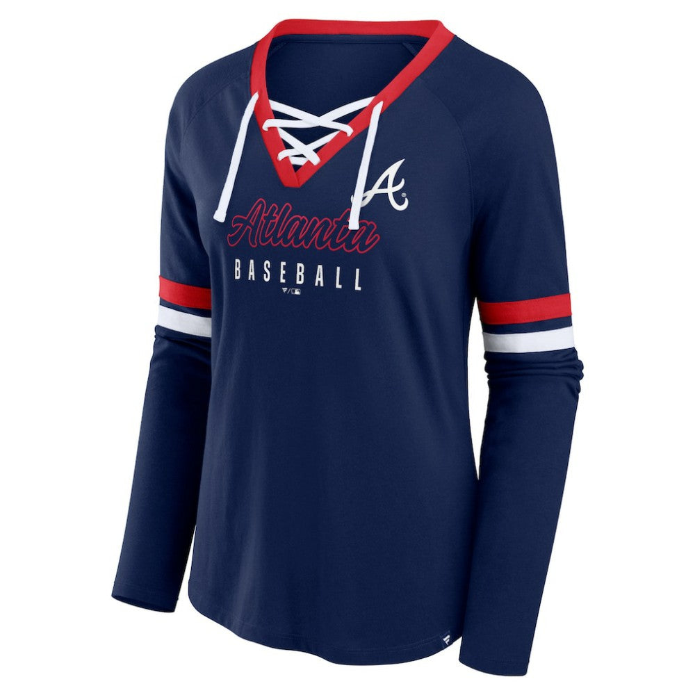 Atlanta Braves Fanatics Women's Won & Done Raglan Lace-Up Long Sleeve T-Shirt - Navy T-shirts