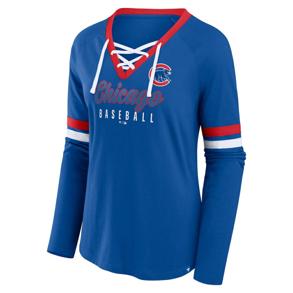 Chicago Cubs Fanatics Women's Won & Done Raglan Lace-Up Long Sleeve T-Shirt - Royal T-shirts