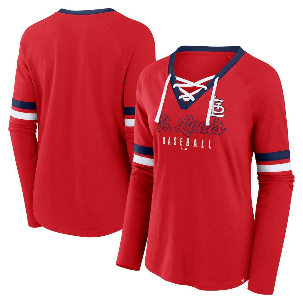 St. Louis Cardinals Fanatics Women's Won & Done Raglan Lace-Up Long Sleeve T-Shirt - Red T-shirts