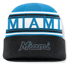 Miami Marlins Fanatics Fundamental Team Stripe Cuffed Knit Hat - Black Hats