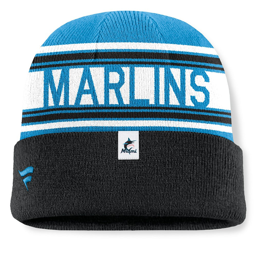 Miami Marlins Fanatics Fundamental Team Stripe Cuffed Knit Hat - Black Hats