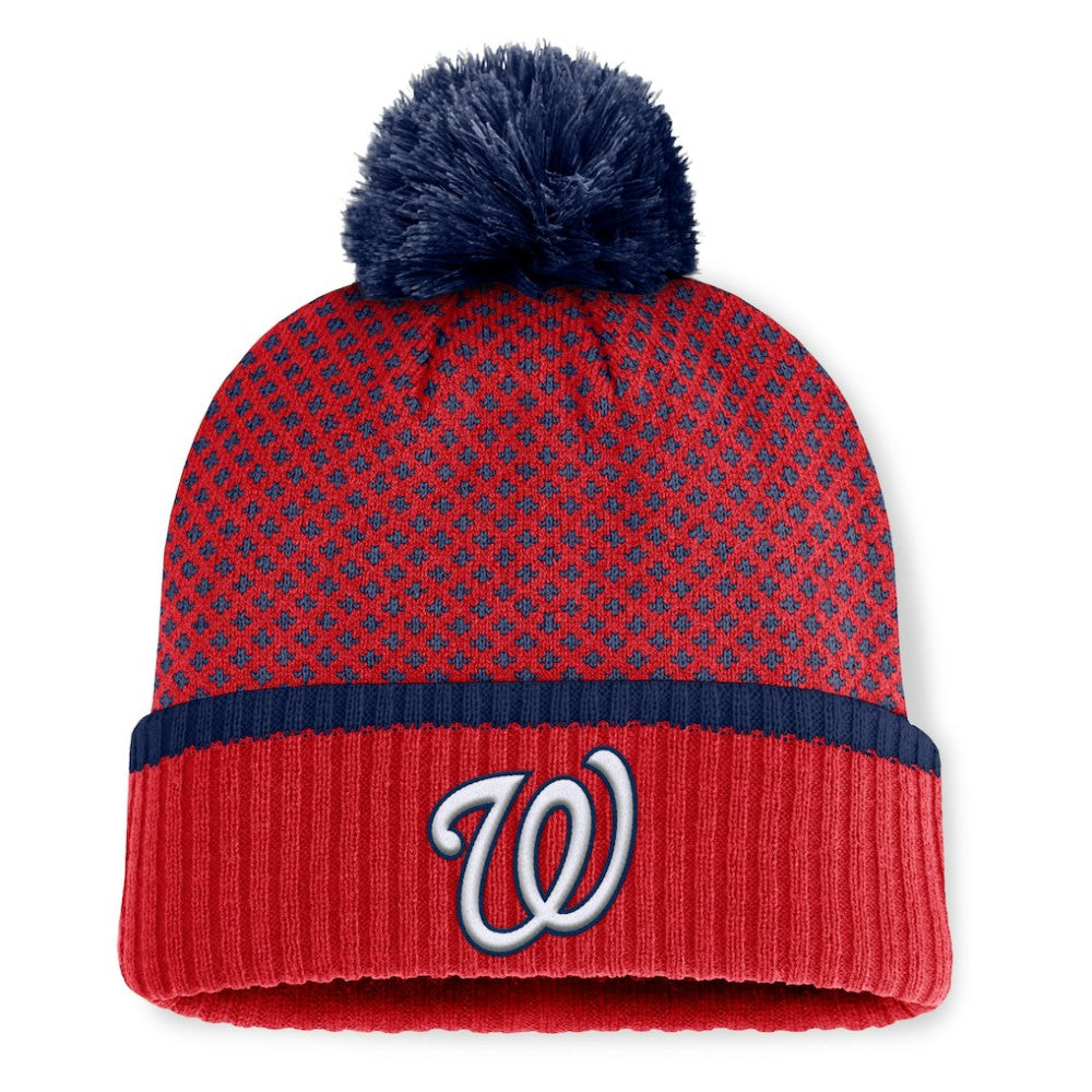 Washington Nationals Fanatics Women's Fundamental Jacquard Cuffed Knit Hat with Pom - Red Hats