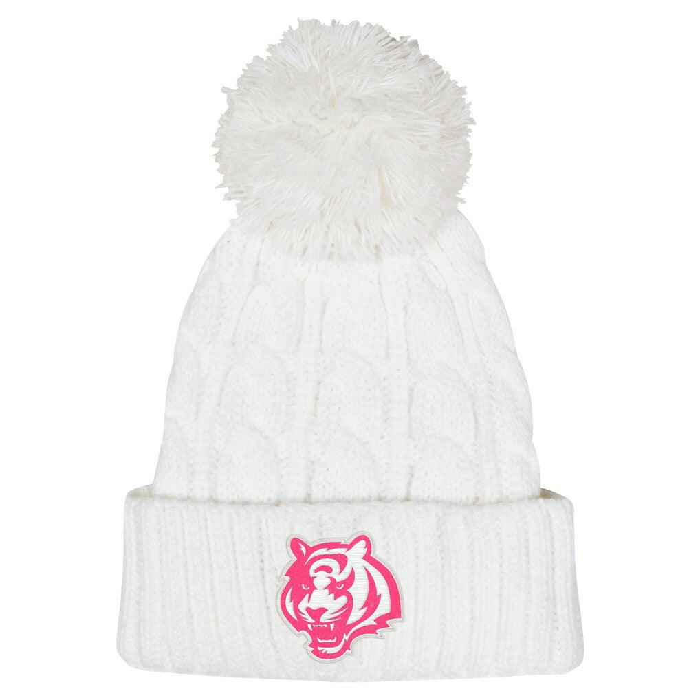 Cincinnati Bengals Girls Youth Cable Cuffed Knit Hat with Pom - White Hats