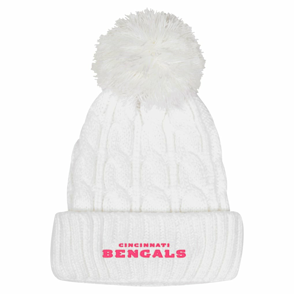 Cincinnati Bengals Girls Youth Cable Cuffed Knit Hat with Pom - White Hats