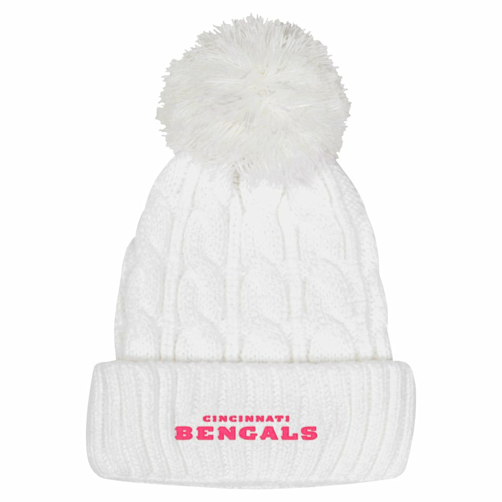 Cincinnati Bengals Girls Youth Cable Cuffed Knit Hat with Pom - White Hats