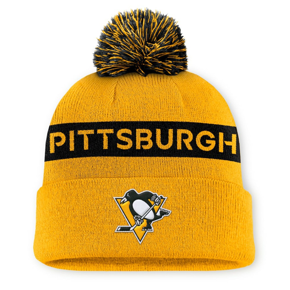 Pittsburgh Penguins Fanatics Women's Authentic Pro Rink Cuffed Knit Hat with Pom - Gold/Black | US 200897932