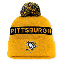 Pittsburgh Penguins Fanatics Women's Authentic Pro Rink Cuffed Knit Hat with Pom - Gold/Black | US 200897932