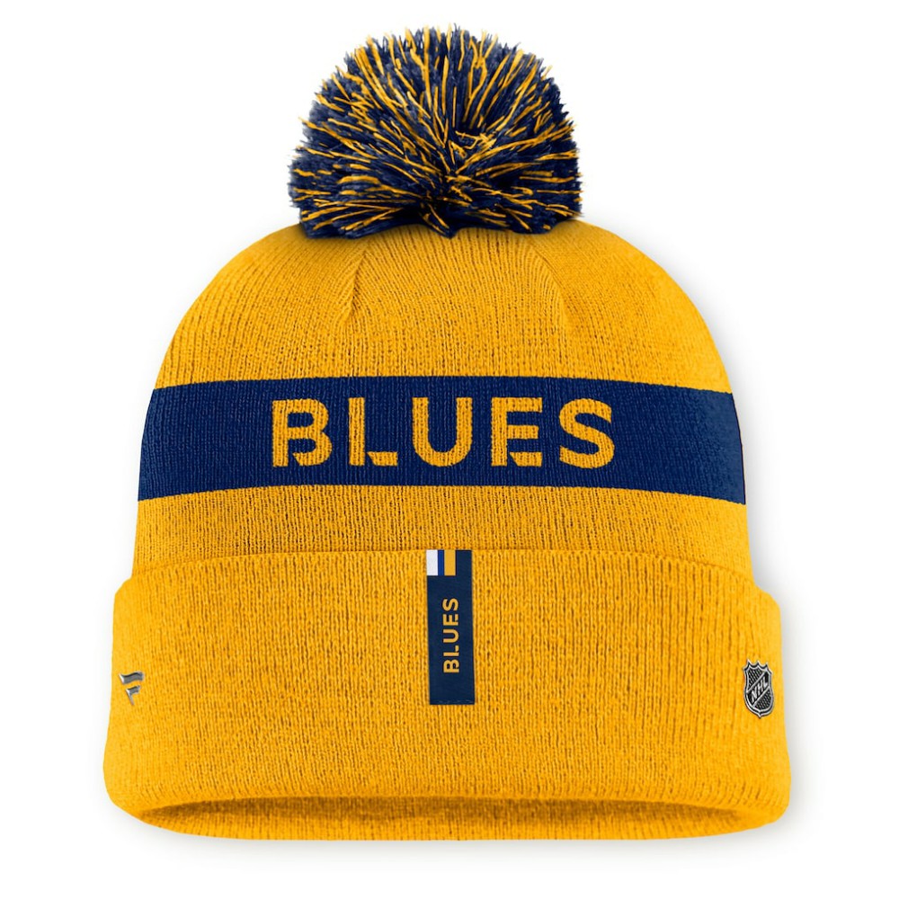 St. Louis Blues Fanatics Women's Authentic Pro Rink Cuffed Knit Hat with Pom - Gold/Navy | US 200897936