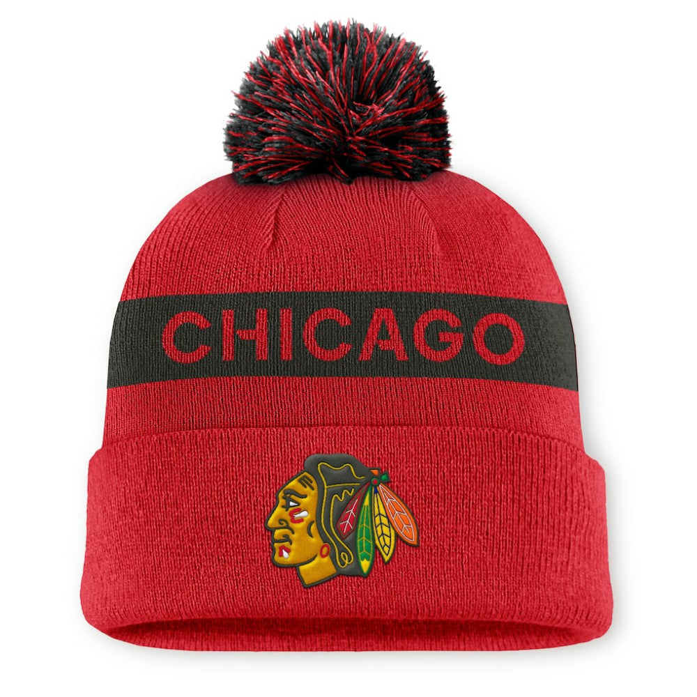 Chicago Blackhawks Fanatics Women's Authentic Pro Rink Cuffed Knit Hat with Pom - Red/Black | US 200897942