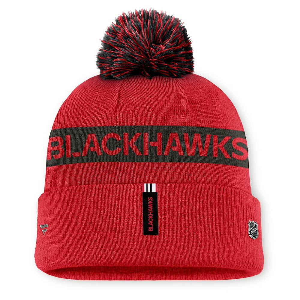 Chicago Blackhawks Fanatics Women's Authentic Pro Rink Cuffed Knit Hat with Pom - Red/Black | US 200897942