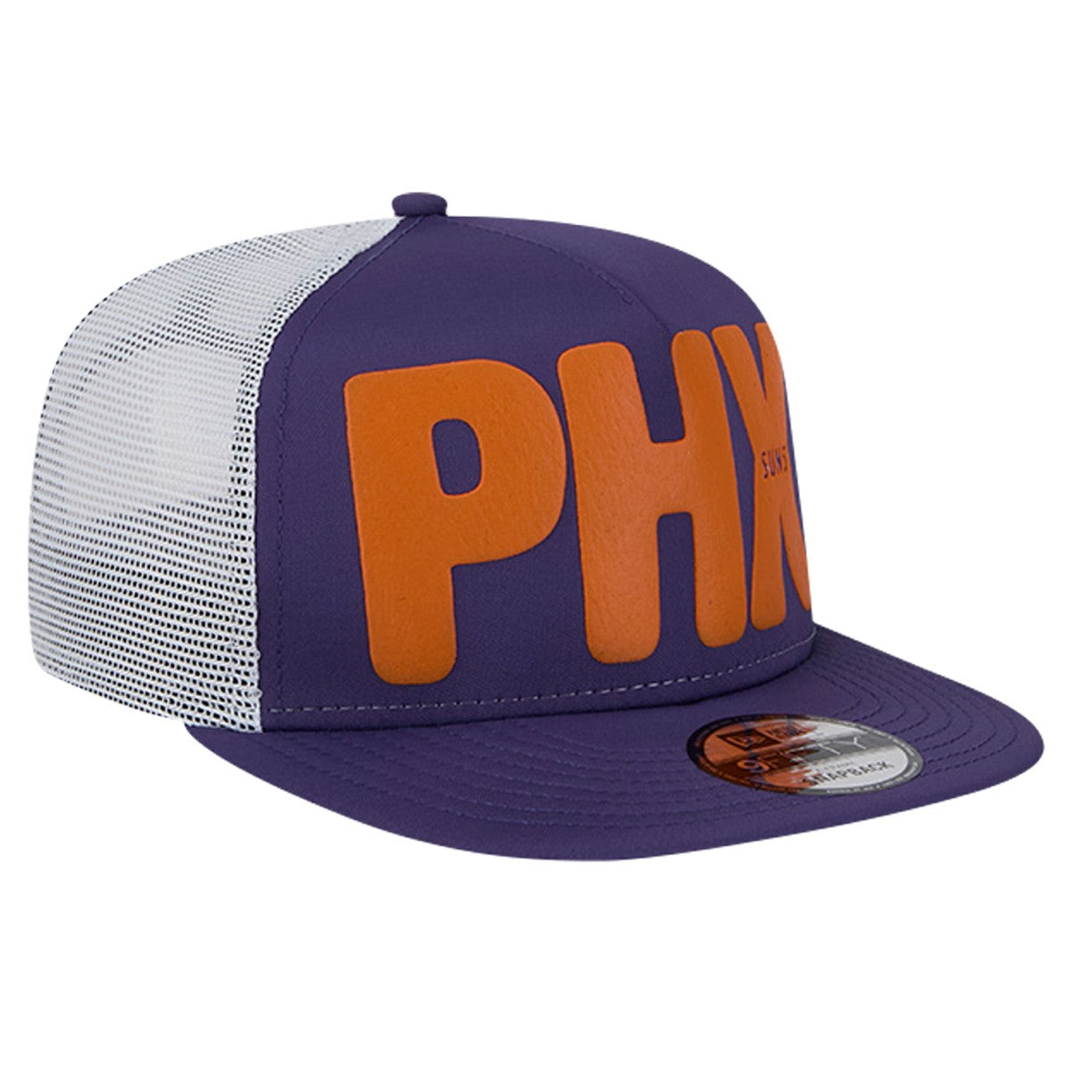 Phoenix Suns Puff Print Team Code A-Frame 9FIFTY Trucker Snapback Hat Purple - New Era