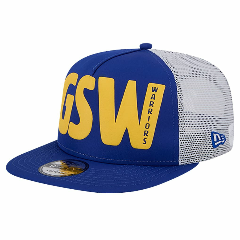 Golden State Warriors Puff Print Team Code A-Frame 9FIFTY Trucker Snapback Hat Royal - New Era