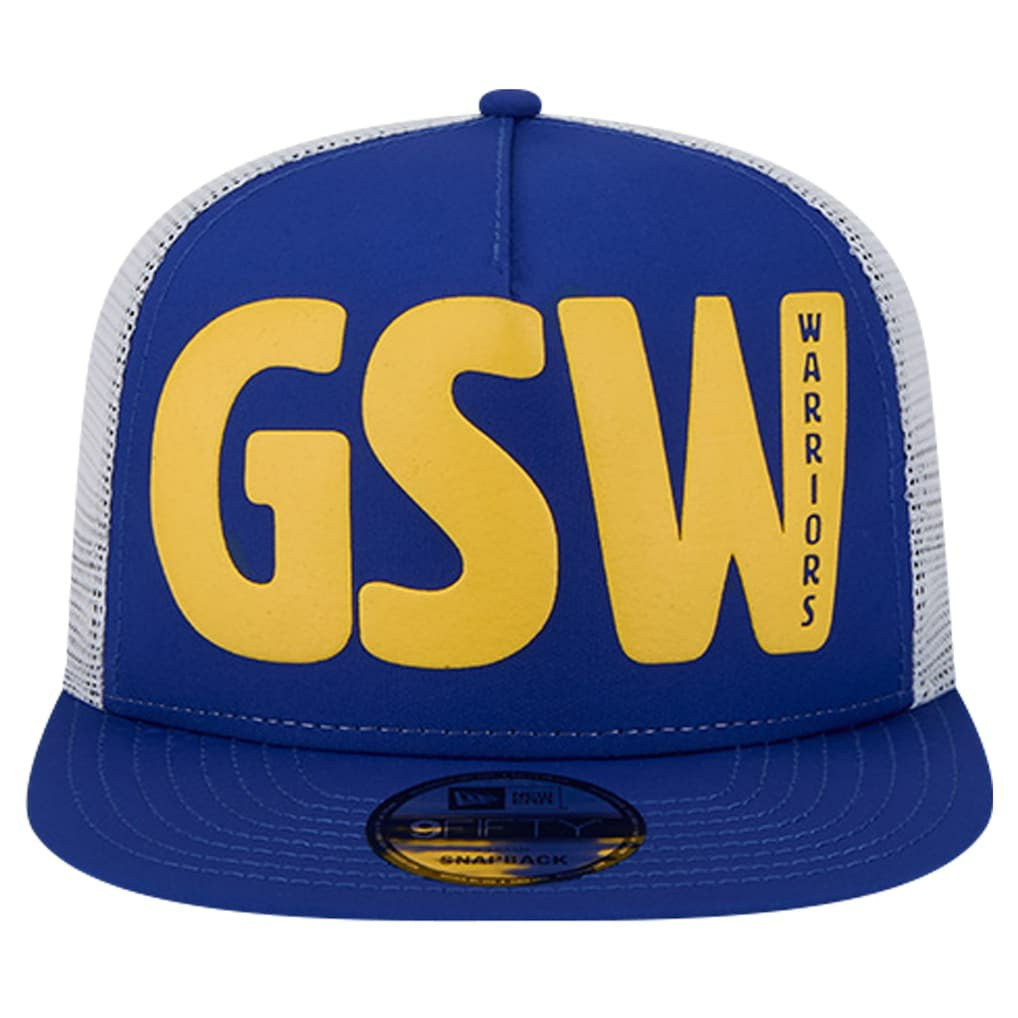Golden State Warriors Puff Print Team Code A-Frame 9FIFTY Trucker Snapback Hat Royal - New Era