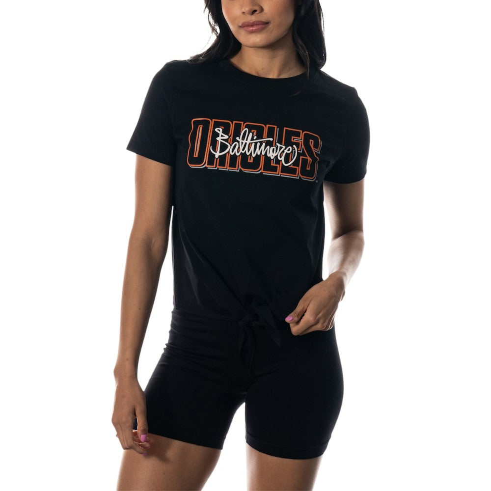 Baltimore Orioles The Wild Collective Women's Twist Front T-Shirt - Black T-shirts