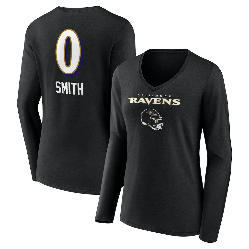 Roquan Smith Baltimore Ravens Women's Team Wordmark Player Name & Number Long Sleeve V-Neck T-Shirt - Black T-shirts