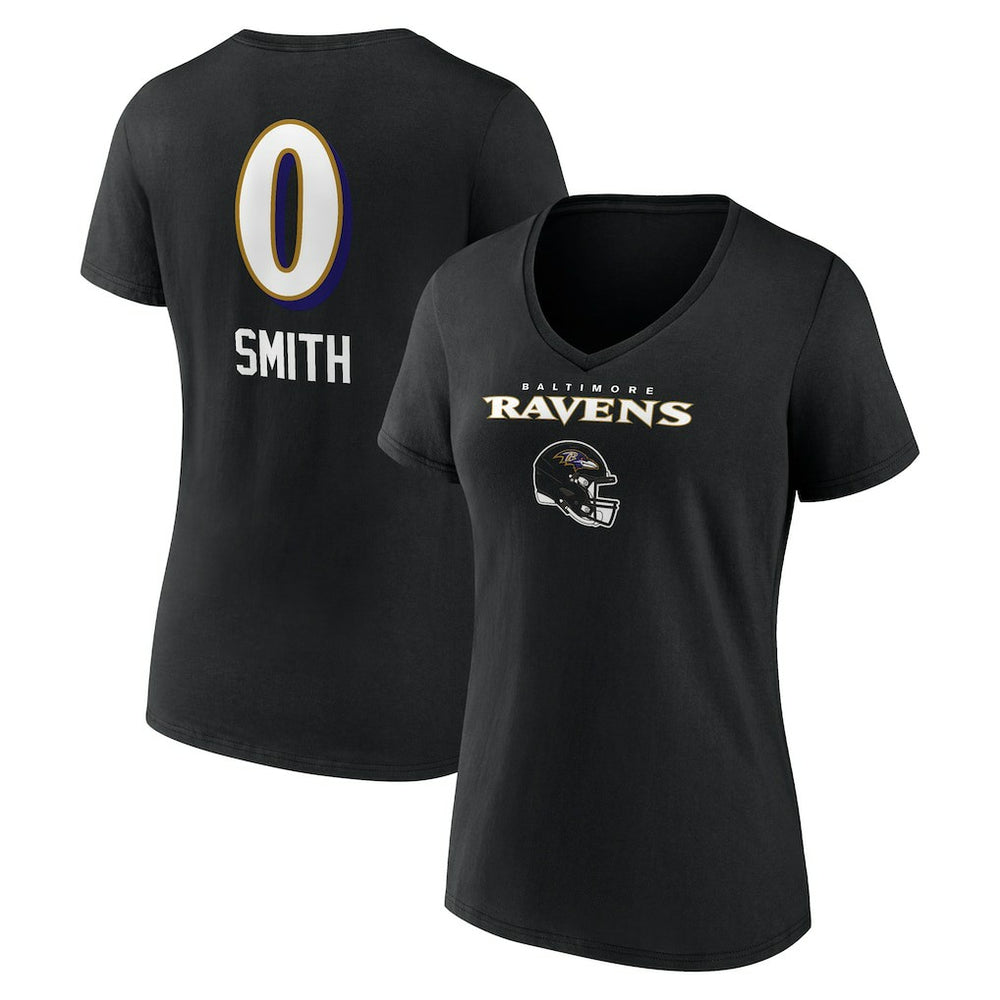 Roquan Smith Baltimore Ravens Women's Team Wordmark Player Name & Number V-Neck T-Shirt - Black T-shirts
